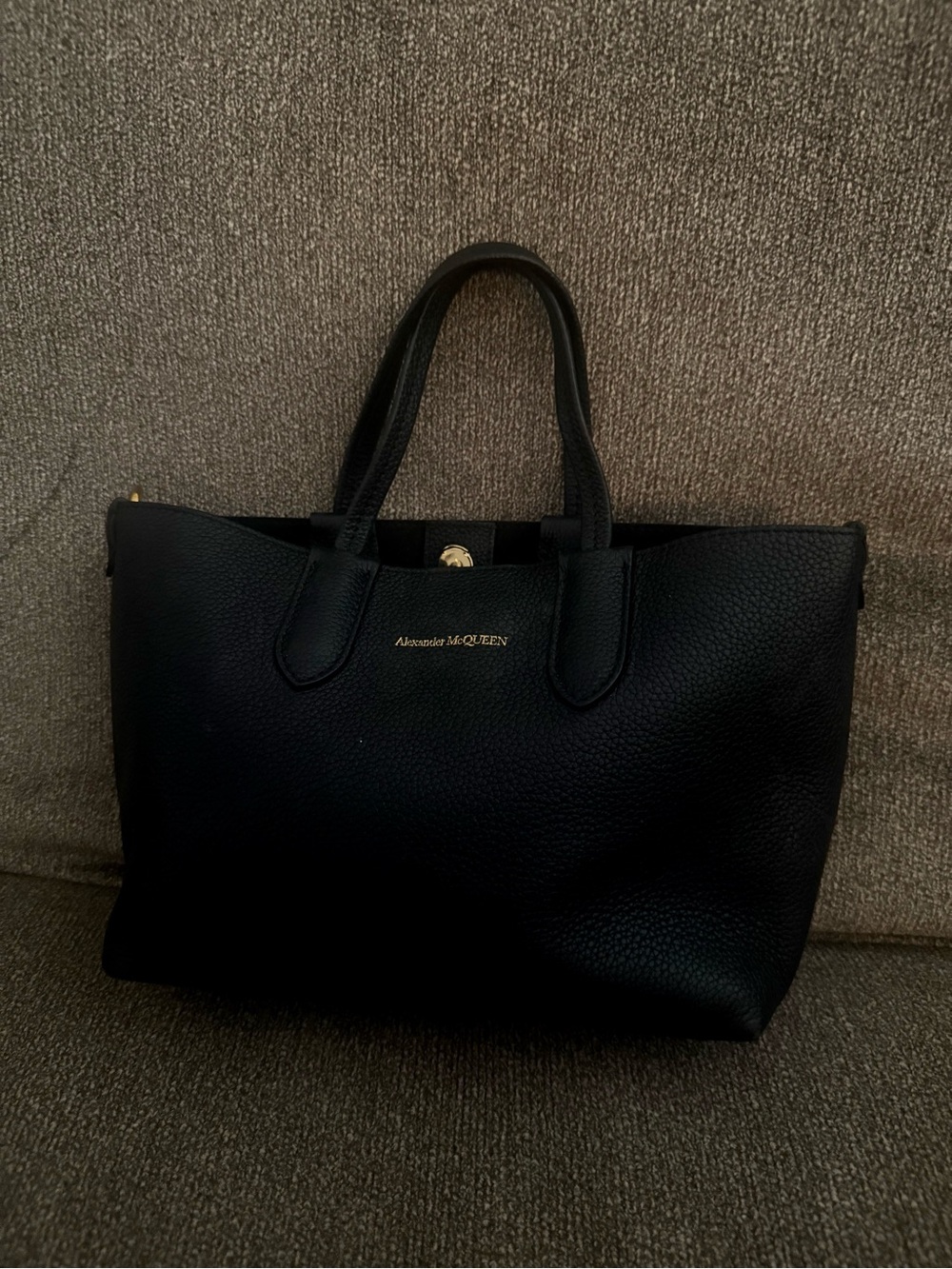 Alexander McQueen Black Pebbled Leather Mini Tote Gold Logo Crossbody